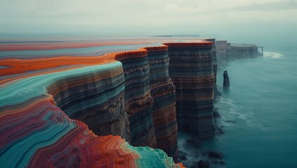 Striking Aerial View of Stratified Cliffs Meeting the Ocean Under a Cloudy Sky