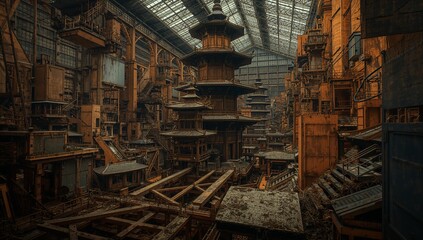 Dense Urban Landscape of Rusty Structures and Asian Architecture in an Industrial Hall