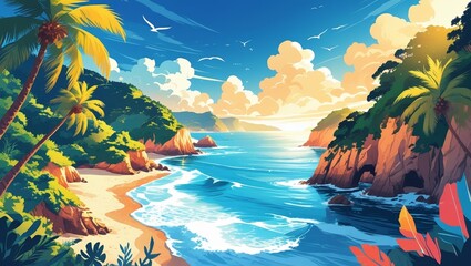 Sunny Tropical Coastline with Palm Trees, Cliffs, and Turquoise Water Illustration