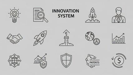 Innovation System Icons: Idea, Research, Rocket, Business, Partnership, Growth, Patents