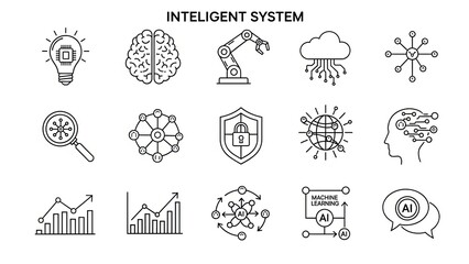 Intelligent System Icons: AI, Brain, Cloud, Robot Arm, Security, Network, Machine Learning