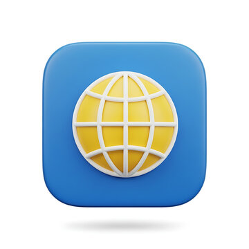 3D Rendered Icon of a Yellow Globe on a Blue Square Background