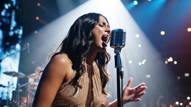 Female singer belting out a song into vintage microphone on stage
