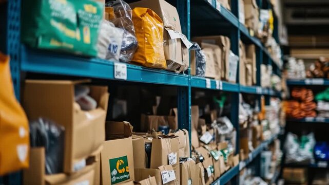 Organized storage in a commercial setting. Rows of neatly arranged packages create an efficient workspace. Discover the art of organization. Generative AI