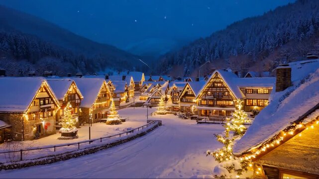 Snow covers a village as lights shine on buildings, trees, and streets during the cold evening hours in a winter landscape