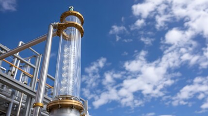 A transparent glass distillation column with brass fittings part of an industrial plant under a bright blue sky