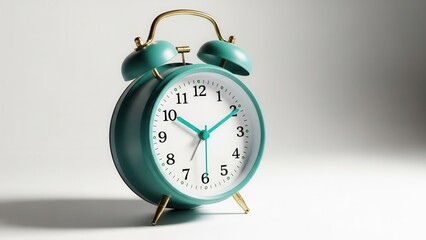 Retro teal alarm clock with golden accents and white face on a light grey background
