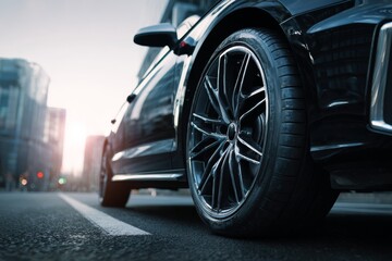 Black Car Tire With Metal Rim on City Road Captured During Daylight in High Resolution Camera