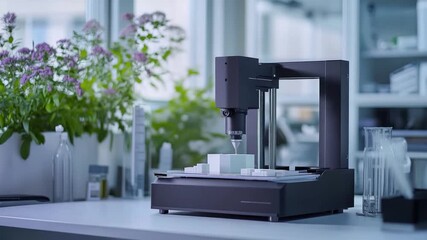 Advanced 3D printing technology showcased in a modern lab. Future innovations come to life in this footage. Explore creativity and precision in action. Generative AI