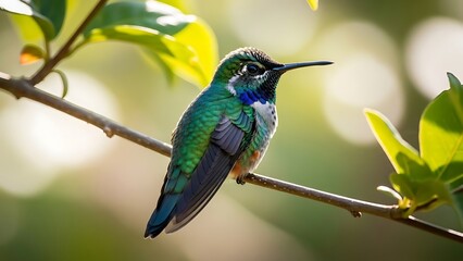 Vibrant Green Hummingbird Perched on a Tree Branch in a Sunny Lush Garden