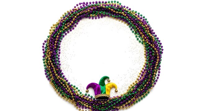 Circular Mardi Gras beads border frame with jester hat and glitt