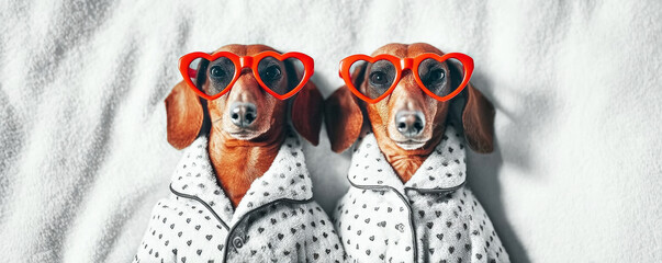 Dachshund dogs wearing heart pajamas and red heart glasses, creating a loving Valentine's Day theme