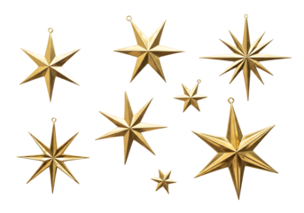 A collection of shiny golden decorative stars isolated on transparent background