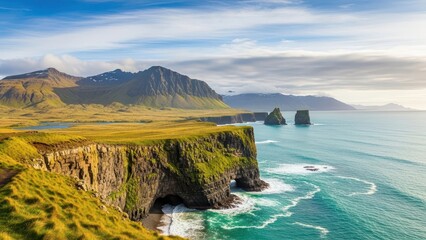 Dramatic coastal landscape with green cliffs, sea stacks, and a blue ocean under a cloudy sky in Iceland.