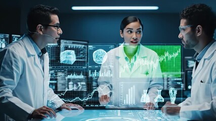 Three scientists collaborating on holographic data interface in futuristic lab - Powered by Adobe