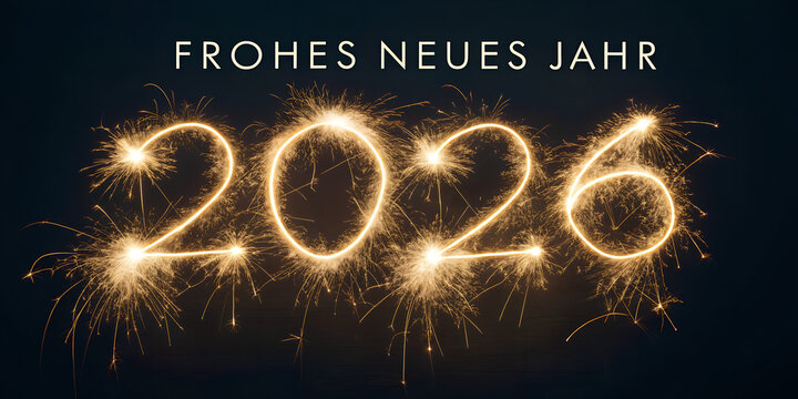 Frohes neues Jahr, Silvester, Neujahr, Gru&szlig;karte, Karte mit deutschem Text - Wunderkerzenschrift mit der Jahreszahl 2026 Feuerwerk Schrift Wunderkerze, isoliert auf schwarzem Hintergrund