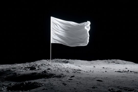 White Flag Stands on the Lunar Surface in a Mockup Style Under Dark Space Setting