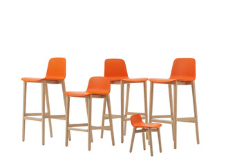 Fototapeta premium Four modern high chairs featuring light natural wood frames and vibrant matte orange seats, staged geometrically against a pure white infinity cove, clean scandinavian design concept