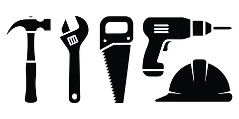 Set of construction and repair tools including hammer wrench screwdriver and pliers isolated on white background