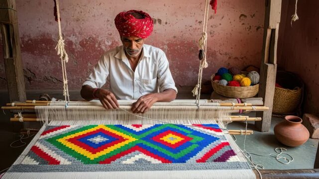 Man in traditional indian clothing weaving colorful fabric on a loom