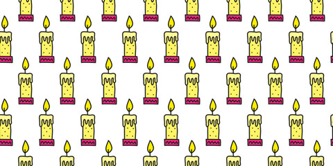 Cute seamless pattern with doodle burning candles on white background.