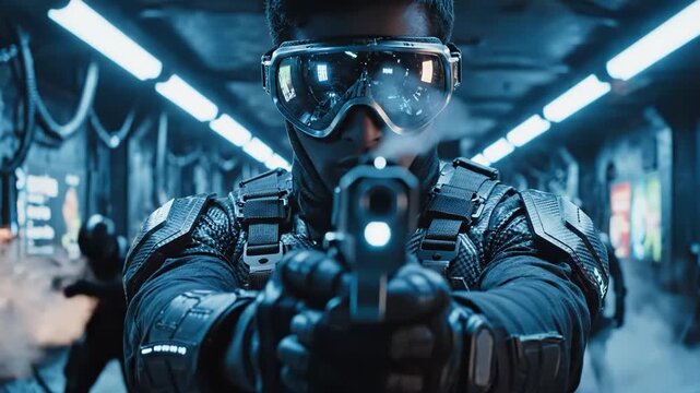 Futuristic soldier aiming weapon in dimly lit corridor