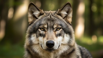 Fototapeta premium Intense Portrait of a Gray Wolf Looking Directly at the Camera in a Natural Woodland Setting
