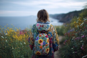 Rear view of solo woman traveler walking on coastal path wearing ornate floral embroidered jacket and backpack, scenic ocean cliffs with wildflowers, wanderlust and nature.
