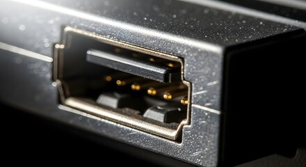 Closeup view of a dusty usb port on a dark electronic device, highlighting connectivity