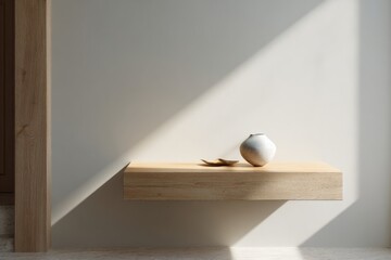 Minimalist wooden shelf holding a simple vase and leaves  