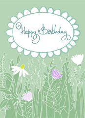 Happy Birthday greeting card with floral decoration light and elegant Hand-lettered greeting phrase in a decorative frame trend of the year for festive projects, invitations, social media, home, goods