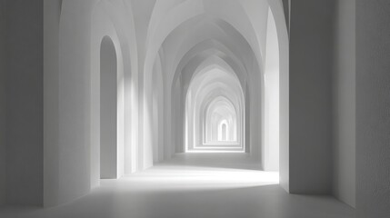 Minimalist white archway corridor with soft lighting and depth  