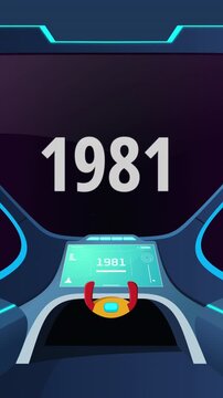 Time travel cockpit with futuristic animation jump to the year 1981 vertical. Ideal for content creators, tech presentations, future concepts, and cinematic video projects.