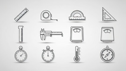 Measuring Tools Icons Set: Ruler, Tape Measure, Caliper, Scales, Thermometer, Compass