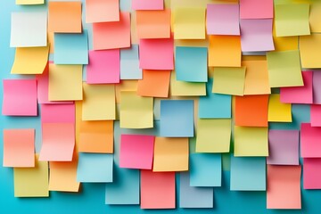 Colorful Sticky Notes in Organized Pattern on Wall for Planning.