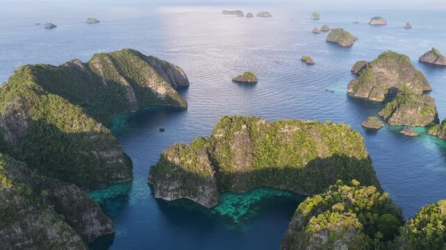 Rock islands, composed of ancient, uplifted reefs, rise from the seascape in Misool, Indonesia. This region harbors spectacular marine biodiversity and is a popular diving destination.