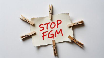 Stop FGM activist message on torn paper with wooden clothespins for human rights advocacy concept