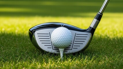 Golf ball on tee with a driver club on a green golf course