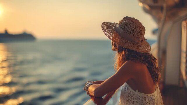 Elegant tourist woman enjoying sunset views from luxury cruise ship deck over serene ocean waters
