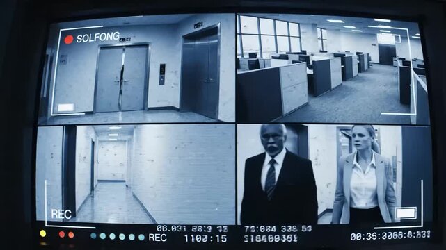 Cctv security monitor displaying four simultaneous surveillance feeds
