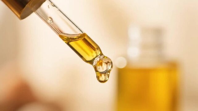 Golden Essential Oil Dripping from Dropper Bottle for Skincare Beauty Wellness