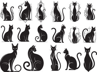 Art Deco Black Cat Silhouette Emblem Vector &ndash; Sleek Elongated Luxury Feline Logo with Deco Frame Lines, Flat Solid Black Printable Premium Business Branding (Isolated on White)