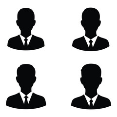Four simple black silhouettes of men in suits and ties on white
