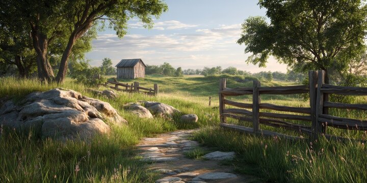 Rustic Countryside Path Leading to a Distant Barn at Sunset.