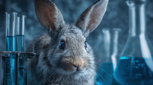 Laboratory rabbit in a research setting surrounded by scientific glassware and blue liquid, illustrating its role in scientific studies