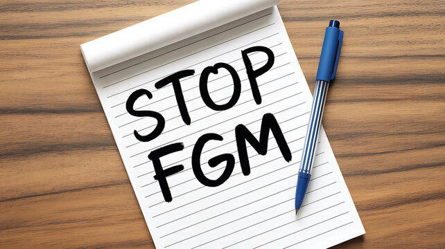 Stop FGM message handwritten on a notepad with a pen for female genital mutilation awareness campaign