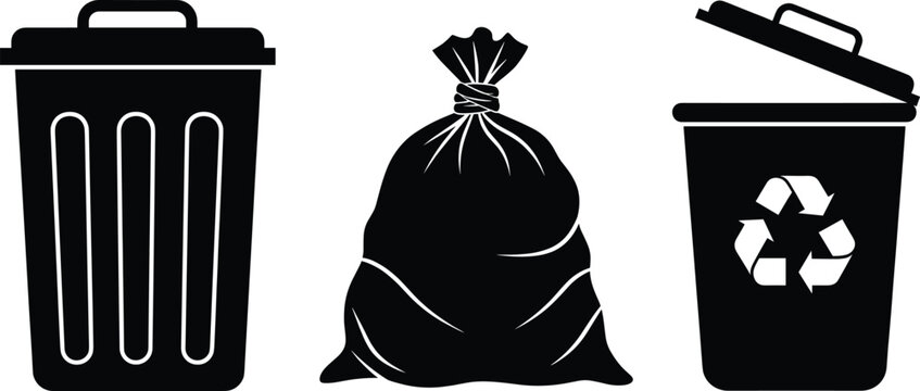 Black Silhouette Icons of Trash Can, Garbage Bag, and Recycling Bin &ndash; Waste Disposal and Recycling Symbols for Environmental Design Projects