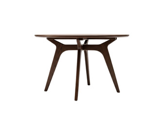 Fototapeta premium flawless mid-century modern round wooden table with angled legs, finished in rich dark walnut stain, isolated on a stark white studio background. clean sophistication design