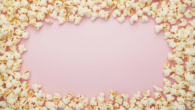A pink background surrounded by a border of popcorn kernels