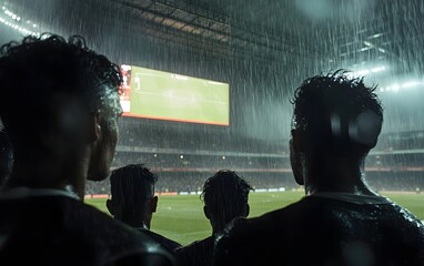 Soccer players in rain-soaked stadium watching match under night lights.